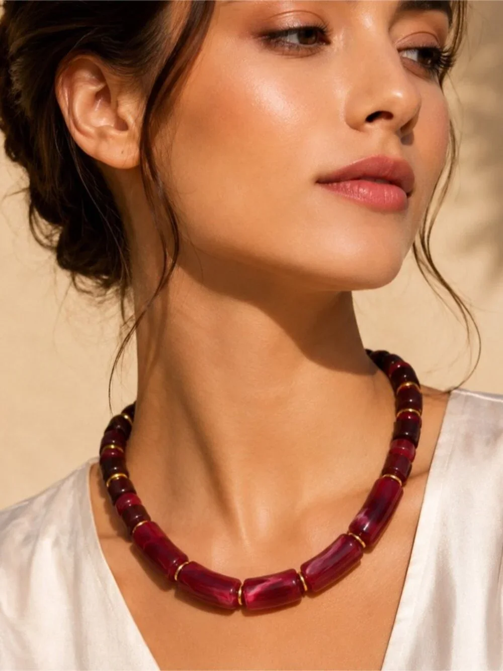 Maroon and Wine Beaded Necklace with Gold Accents